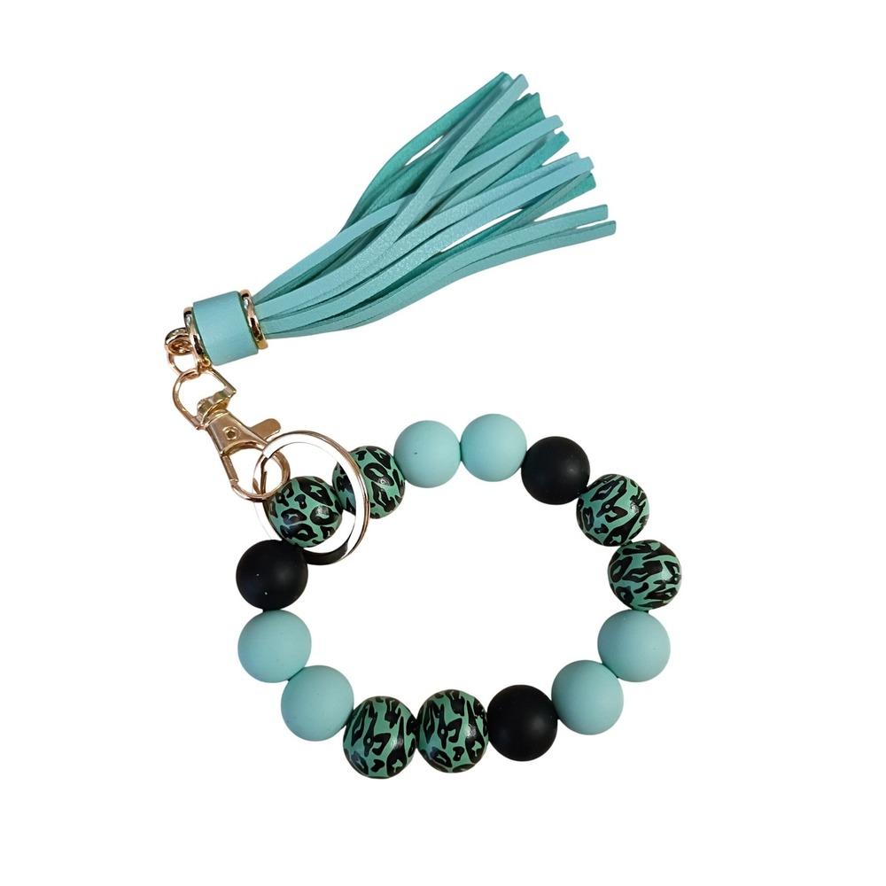 Mint Green Silicone Bead Keychain Bracelet Wristlet with Tassel Leopard Print